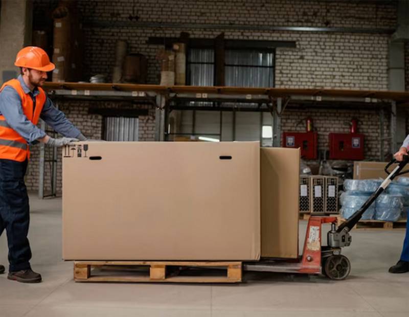 relocation experts moving big boxes of cardboards