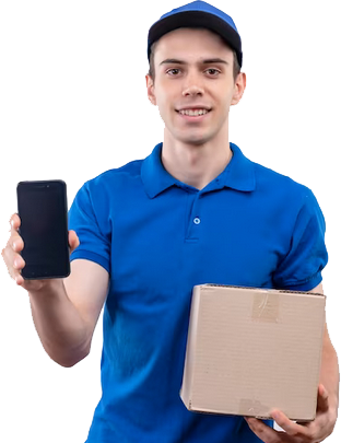 a delivery man standing holding a package and phone in his hands